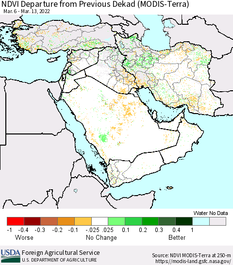 Middle East and Turkey NDVI Departure from Previous Dekad (Terra-MODIS) Thematic Map For 3/11/2022 - 3/20/2022