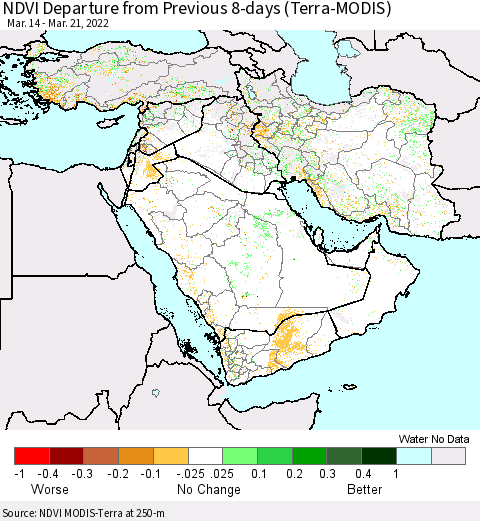 Middle East and Turkey NDVI Departure from Previous 8-days (Terra-MODIS) Thematic Map For 3/14/2022 - 3/21/2022