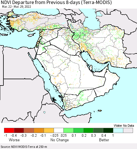 Middle East and Turkey NDVI Departure from Previous 8-days (Terra-MODIS) Thematic Map For 3/22/2022 - 3/29/2022