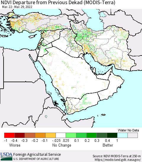 Middle East and Turkey NDVI Departure from Previous Dekad (Terra-MODIS) Thematic Map For 3/21/2022 - 3/31/2022