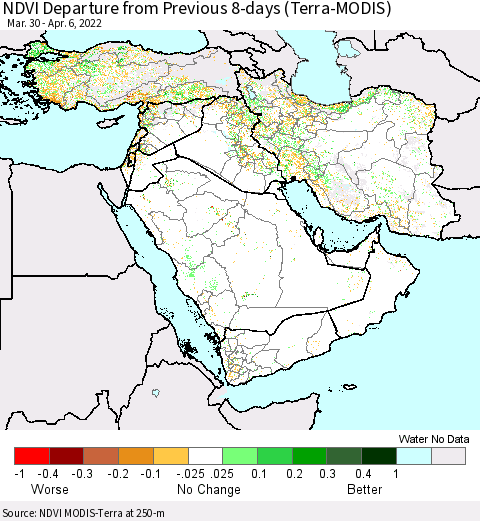 Middle East and Turkey NDVI Departure from Previous 8-days (Terra-MODIS) Thematic Map For 3/30/2022 - 4/6/2022