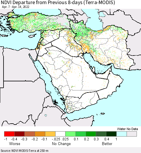 Middle East and Turkey NDVI Departure from Previous 8-days (Terra-MODIS) Thematic Map For 4/7/2022 - 4/14/2022