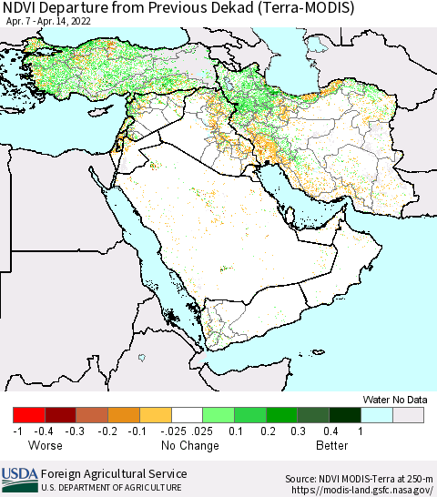 Middle East and Turkey NDVI Departure from Previous Dekad (Terra-MODIS) Thematic Map For 4/11/2022 - 4/20/2022