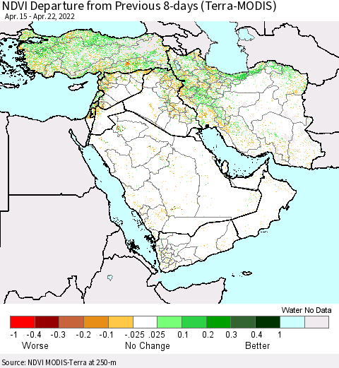 Middle East and Turkey NDVI Departure from Previous 8-days (Terra-MODIS) Thematic Map For 4/15/2022 - 4/22/2022