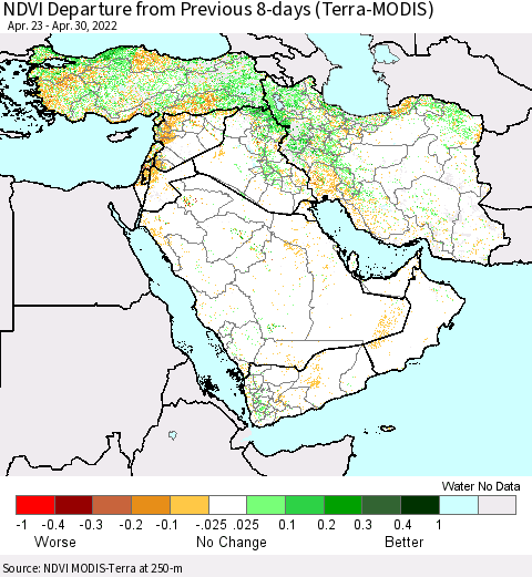 Middle East and Turkey NDVI Departure from Previous 8-days (Terra-MODIS) Thematic Map For 4/23/2022 - 4/30/2022