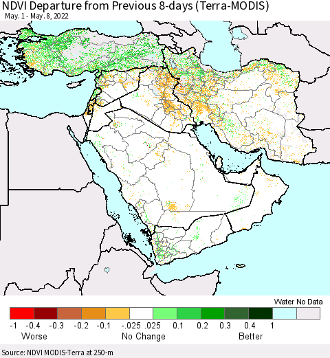 Middle East and Turkey NDVI Departure from Previous 8-days (Terra-MODIS) Thematic Map For 5/1/2022 - 5/8/2022