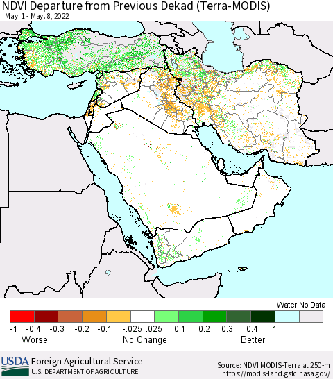 Middle East and Turkey NDVI Departure from Previous Dekad (Terra-MODIS) Thematic Map For 5/1/2022 - 5/10/2022