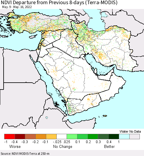 Middle East and Turkey NDVI Departure from Previous 8-days (Terra-MODIS) Thematic Map For 5/9/2022 - 5/16/2022