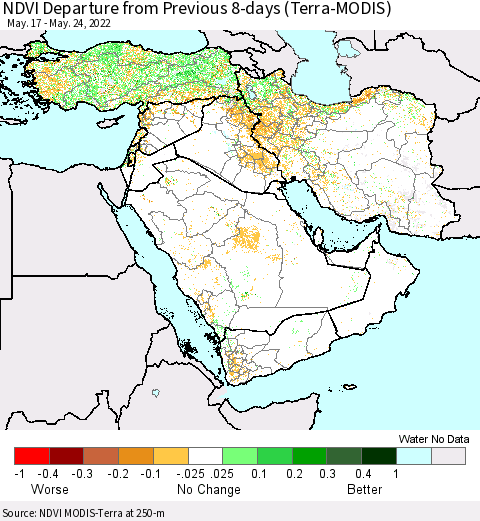 Middle East and Turkey NDVI Departure from Previous 8-days (Terra-MODIS) Thematic Map For 5/17/2022 - 5/24/2022