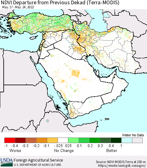 Middle East and Turkey NDVI Departure from Previous Dekad (Terra-MODIS) Thematic Map For 5/21/2022 - 5/31/2022