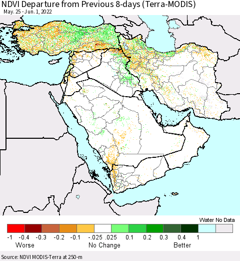 Middle East and Turkey NDVI Departure from Previous 8-days (Terra-MODIS) Thematic Map For 5/25/2022 - 6/1/2022