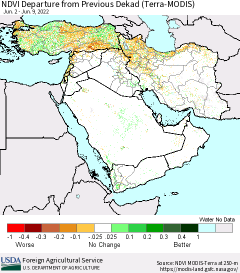 Middle East and Turkey NDVI Departure from Previous Dekad (Terra-MODIS) Thematic Map For 6/1/2022 - 6/10/2022