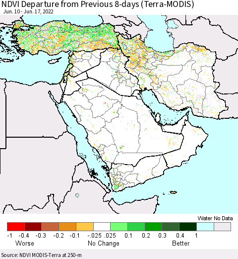 Middle East and Turkey NDVI Departure from Previous 8-days (Terra-MODIS) Thematic Map For 6/10/2022 - 6/17/2022