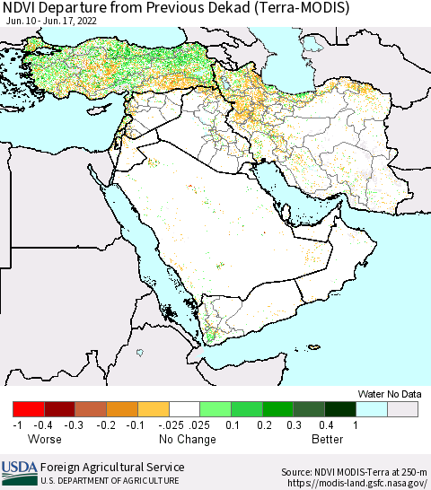 Middle East and Turkey NDVI Departure from Previous Dekad (Terra-MODIS) Thematic Map For 6/11/2022 - 6/20/2022
