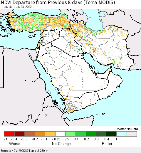 Middle East and Turkey NDVI Departure from Previous 8-days (Terra-MODIS) Thematic Map For 6/18/2022 - 6/25/2022