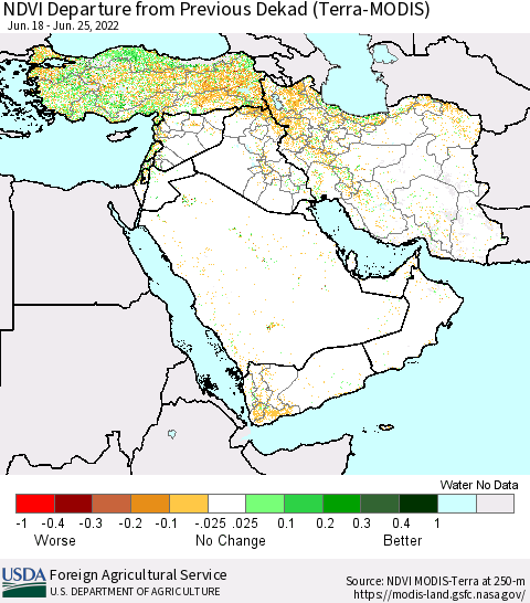 Middle East and Turkey NDVI Departure from Previous Dekad (Terra-MODIS) Thematic Map For 6/21/2022 - 6/30/2022