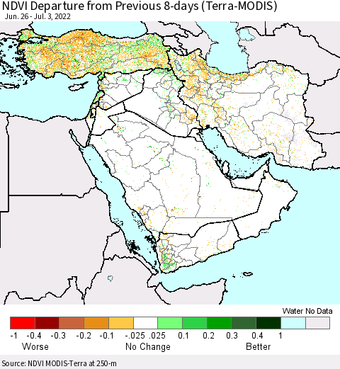Middle East and Turkey NDVI Departure from Previous 8-days (Terra-MODIS) Thematic Map For 6/26/2022 - 7/3/2022