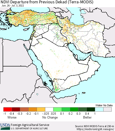 Middle East and Turkey NDVI Departure from Previous Dekad (Terra-MODIS) Thematic Map For 7/1/2022 - 7/10/2022