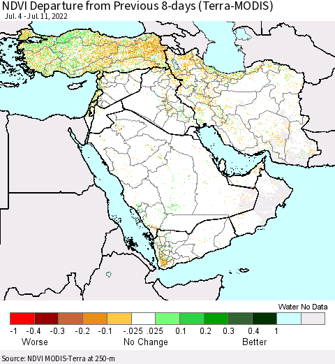 Middle East and Turkey NDVI Departure from Previous 8-days (Terra-MODIS) Thematic Map For 7/4/2022 - 7/11/2022