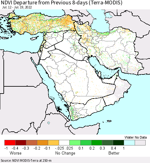 Middle East and Turkey NDVI Departure from Previous 8-days (Terra-MODIS) Thematic Map For 7/12/2022 - 7/19/2022