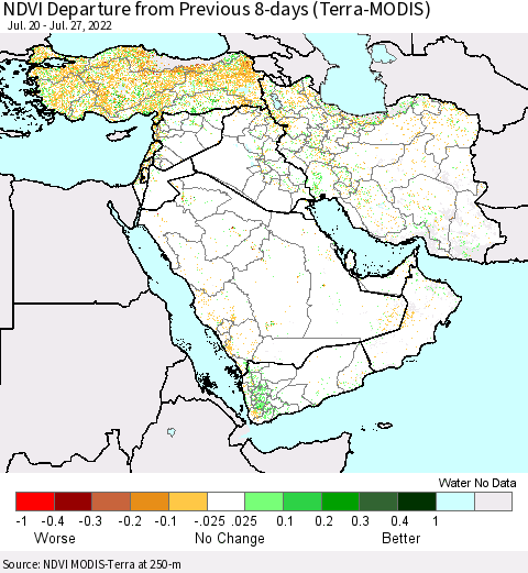 Middle East and Turkey NDVI Departure from Previous 8-days (Terra-MODIS) Thematic Map For 7/20/2022 - 7/27/2022