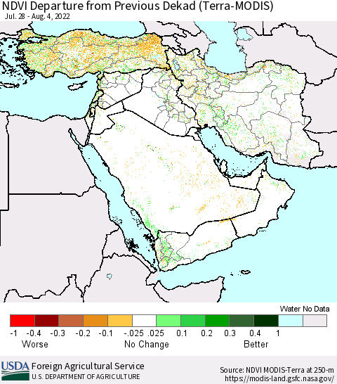 Middle East and Turkey NDVI Departure from Previous Dekad (Terra-MODIS) Thematic Map For 8/1/2022 - 8/10/2022