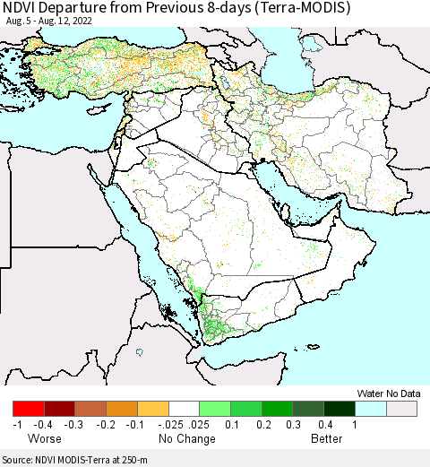 Middle East and Turkey NDVI Departure from Previous 8-days (Terra-MODIS) Thematic Map For 8/5/2022 - 8/12/2022