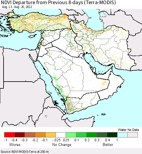 Middle East and Turkey NDVI Departure from Previous 8-days (Terra-MODIS) Thematic Map For 8/13/2022 - 8/20/2022