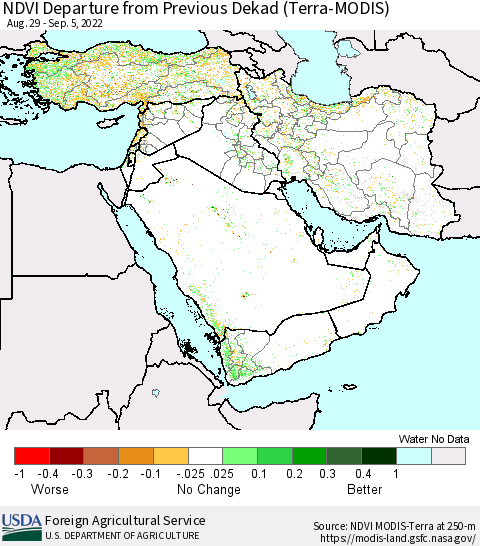 Middle East and Turkey NDVI Departure from Previous Dekad (Terra-MODIS) Thematic Map For 9/1/2022 - 9/10/2022