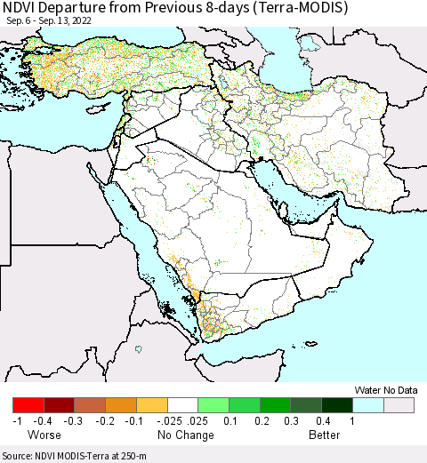 Middle East and Turkey NDVI Departure from Previous 8-days (Terra-MODIS) Thematic Map For 9/6/2022 - 9/13/2022