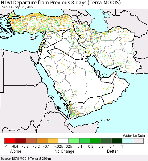 Middle East and Turkey NDVI Departure from Previous 8-days (Terra-MODIS) Thematic Map For 9/14/2022 - 9/21/2022