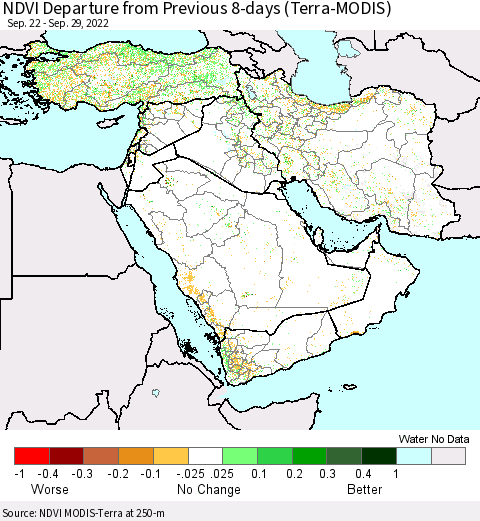 Middle East and Turkey NDVI Departure from Previous 8-days (Terra-MODIS) Thematic Map For 9/22/2022 - 9/29/2022