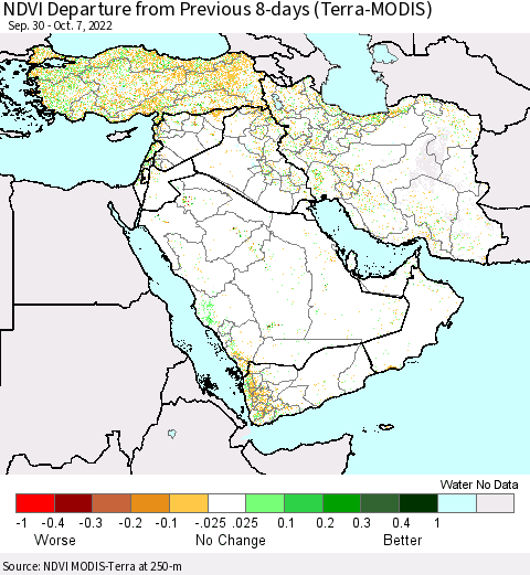 Middle East and Turkey NDVI Departure from Previous 8-days (Terra-MODIS) Thematic Map For 9/30/2022 - 10/7/2022