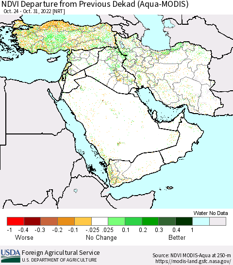 Middle East and Turkey NDVI Departure from Previous Dekad (Terra-MODIS) Thematic Map For 10/21/2022 - 10/31/2022