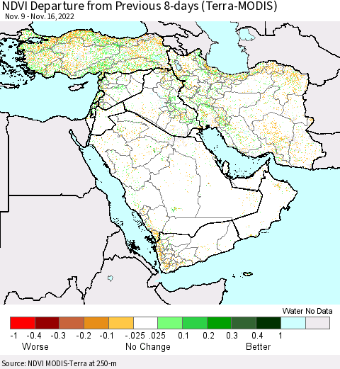 Middle East and Turkey NDVI Departure from Previous 8-days (Terra-MODIS) Thematic Map For 11/9/2022 - 11/16/2022