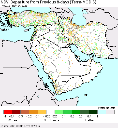 Middle East and Turkey NDVI Departure from Previous 8-days (Terra-MODIS) Thematic Map For 11/17/2022 - 11/24/2022
