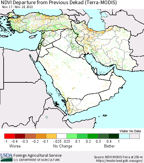 Middle East and Turkey NDVI Departure from Previous Dekad (Terra-MODIS) Thematic Map For 11/21/2022 - 11/30/2022