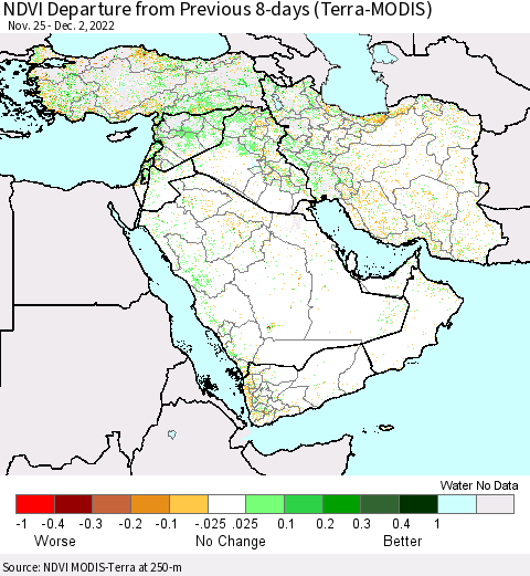 Middle East and Turkey NDVI Departure from Previous 8-days (Terra-MODIS) Thematic Map For 11/25/2022 - 12/2/2022