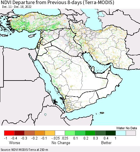 Middle East and Turkey NDVI Departure from Previous 8-days (Terra-MODIS) Thematic Map For 12/11/2022 - 12/18/2022
