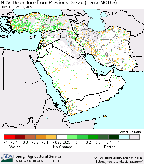 Middle East and Turkey NDVI Departure from Previous Dekad (Terra-MODIS) Thematic Map For 12/11/2022 - 12/20/2022