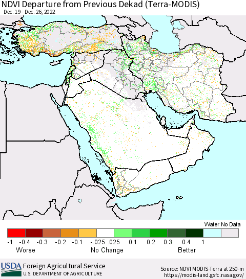 Middle East and Turkey NDVI Departure from Previous Dekad (Terra-MODIS) Thematic Map For 12/21/2022 - 12/31/2022