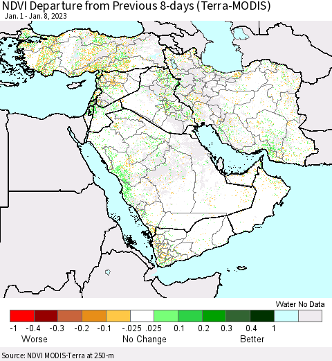 Middle East and Turkey NDVI Departure from Previous 8-days (Terra-MODIS) Thematic Map For 1/1/2023 - 1/8/2023