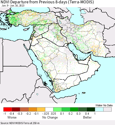 Middle East and Turkey NDVI Departure from Previous 8-days (Terra-MODIS) Thematic Map For 1/9/2023 - 1/16/2023