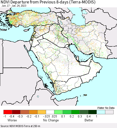Middle East and Turkey NDVI Departure from Previous 8-days (Terra-MODIS) Thematic Map For 1/17/2023 - 1/24/2023