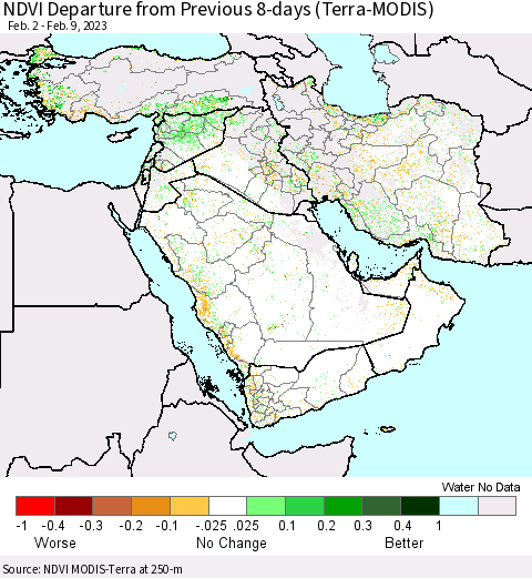 Middle East and Turkey NDVI Departure from Previous 8-days (Terra-MODIS) Thematic Map For 2/2/2023 - 2/9/2023