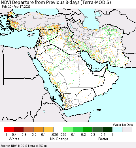 Middle East and Turkey NDVI Departure from Previous 8-days (Terra-MODIS) Thematic Map For 2/10/2023 - 2/17/2023
