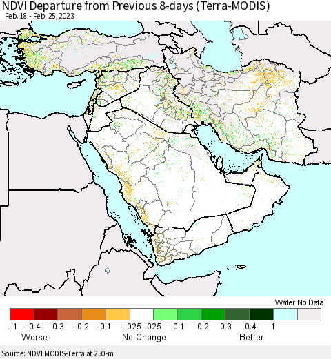 Middle East and Turkey NDVI Departure from Previous 8-days (Terra-MODIS) Thematic Map For 2/18/2023 - 2/25/2023