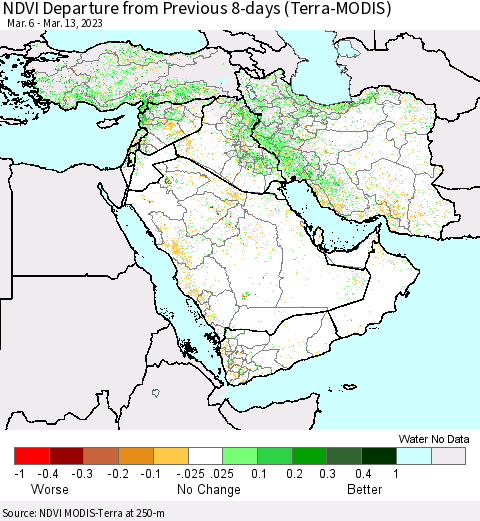 Middle East and Turkey NDVI Departure from Previous 8-days (Terra-MODIS) Thematic Map For 3/6/2023 - 3/13/2023