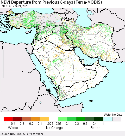 Middle East and Turkey NDVI Departure from Previous 8-days (Terra-MODIS) Thematic Map For 3/14/2023 - 3/21/2023