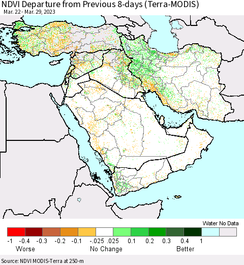 Middle East and Turkey NDVI Departure from Previous 8-days (Terra-MODIS) Thematic Map For 3/22/2023 - 3/29/2023